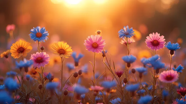 Blue and pink wildflowers sway in a sunlit meadow with warm golden sunset bokeh behind them.