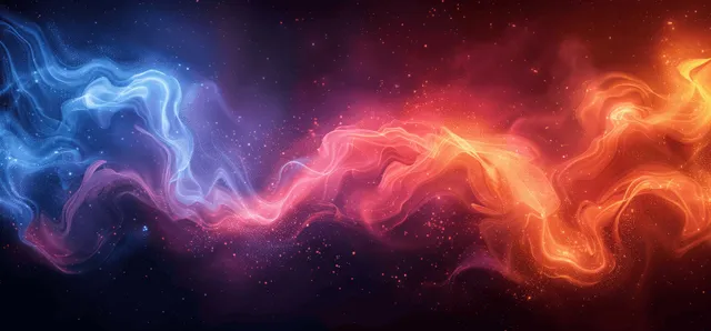 Blue and orange glowing nebula waves swirl over a dark grainy gradient background with soft light trails.