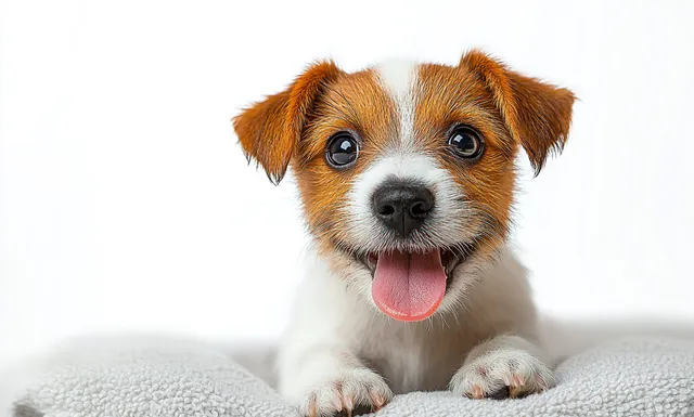 Small brown-and-white puppy with tongue out excitedly on soft white bedding