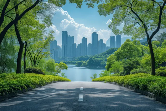 Tree-lined highway leads to lakefront skyline with modern skyscrapers under blue sky