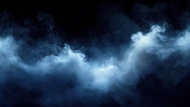 Blue smoke and mist swirl into layered wisps across a dark background.