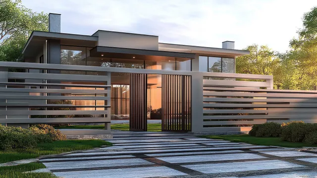 Modern two-story home with large windows behind a sleek horizontal metal fence at sunset