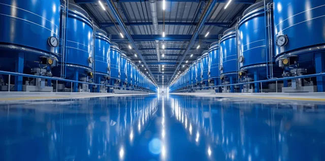 Blue hydrogen plant storage tanks and pipework extend down a brightly lit indoor corridor.