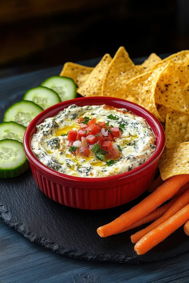 Creamy spinach artichoke dip topped with tomatoes and herbs in a red ramekin on a dark slate board with tortilla chips and vegetables.