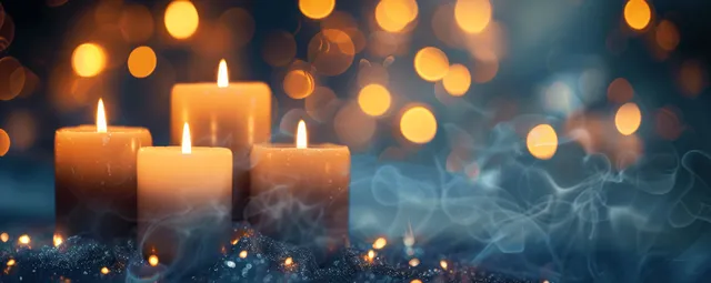 Three burning candles on abstract blue bokeh background with shimmering light trails