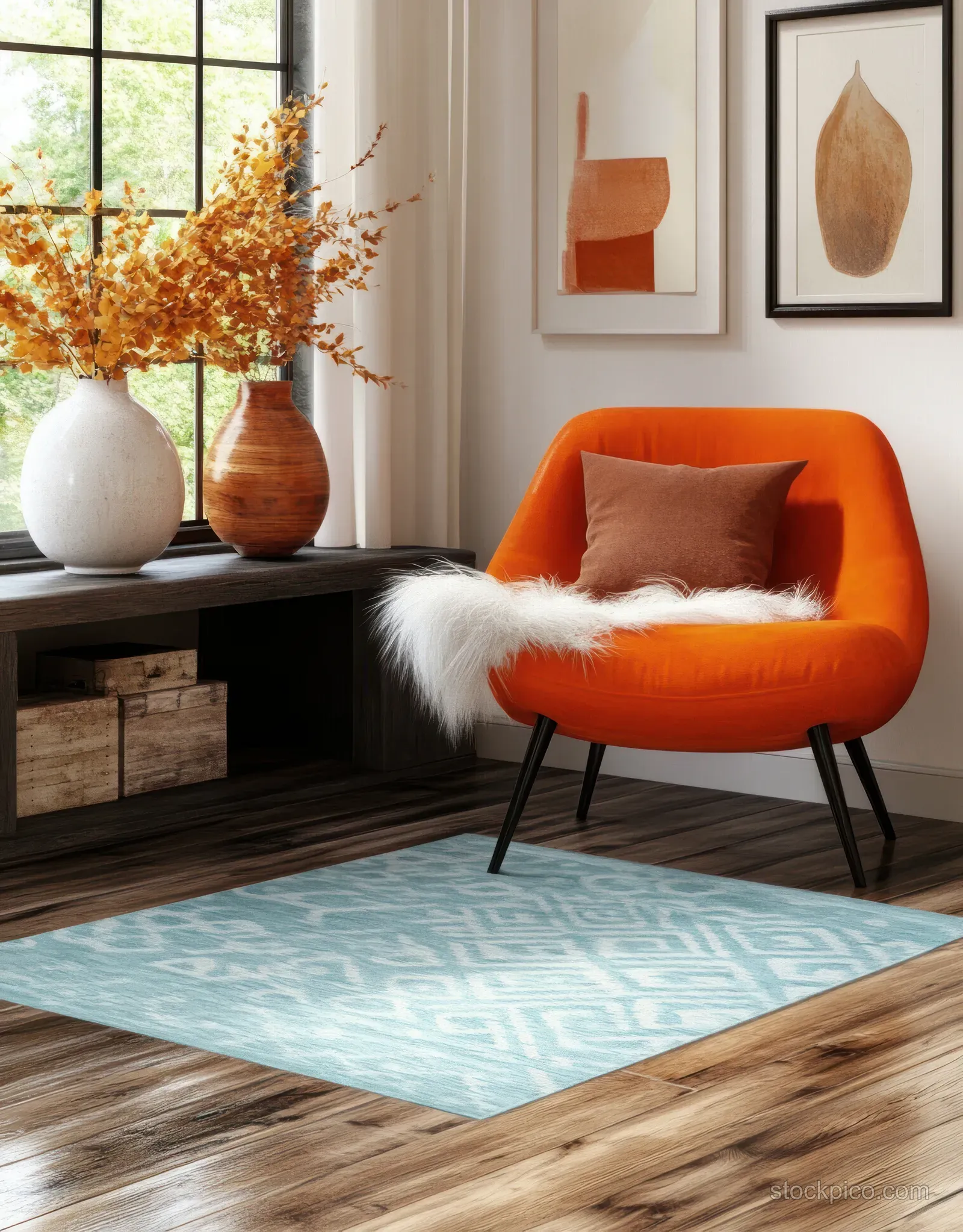 Orange mid-century chair and geometric rug in a Scandinavian living room with vases and framed wall art.