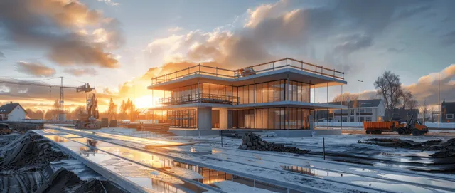 A modern concrete and steel building site glows in warm sunset light.