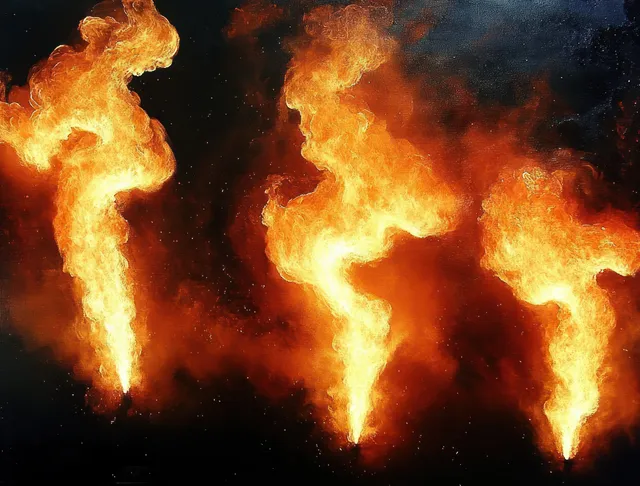 Three bright orange flames flare upward through dark smoke against a nearly black background.