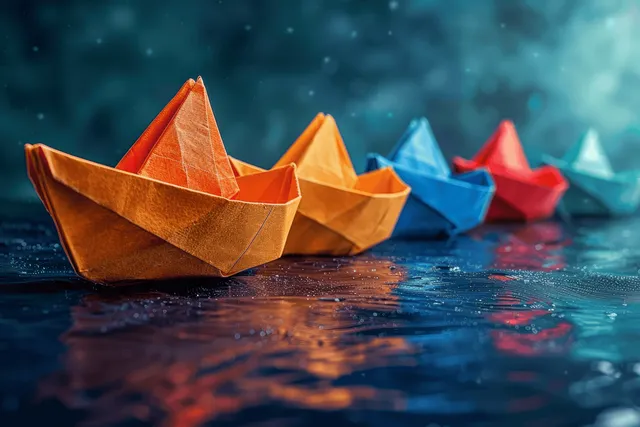 Colorful origami paper boats float on blue water with visible reflections and blurred paper boats in the background.