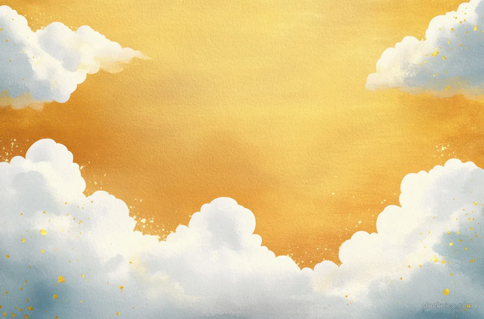 Fluffy white clouds float over a golden sunset sky with scattered shimmering gold specks.