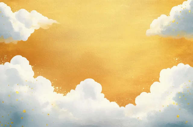 Golden sunset sky with fluffy white clouds and scattered shimmering gold specks