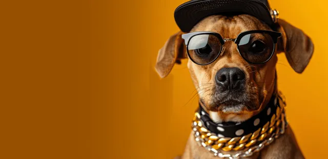 Hip hop dog rapper wearing sunglasses and gold chain posing on bold yellow backdrop
