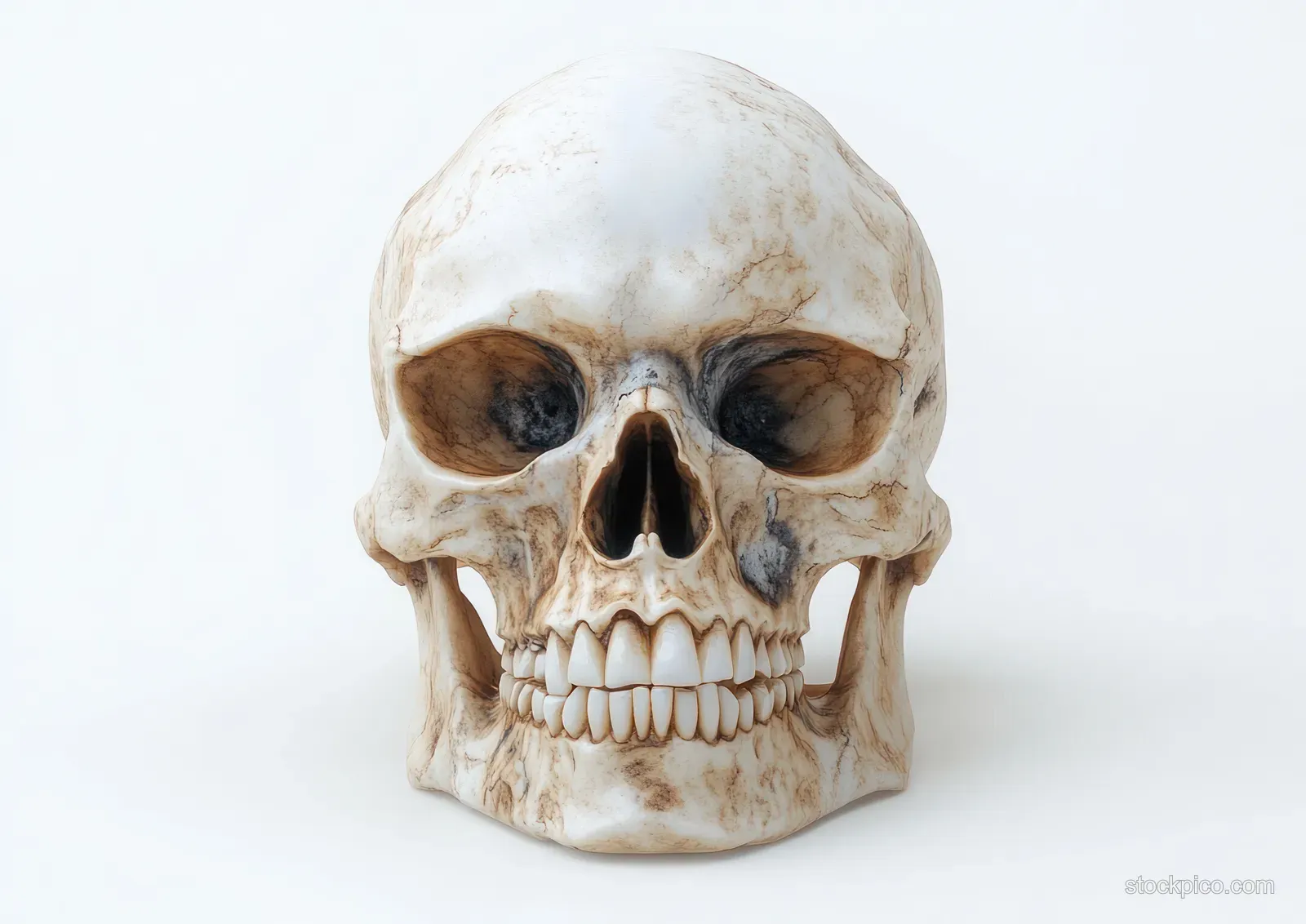 Isolated human skull close-up with detailed bone texture, teeth, and dark eye sockets on a white background.