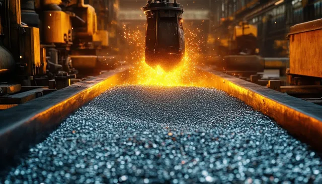Molten steel pouring from ladle into a glowing casting trough inside a factory foundry