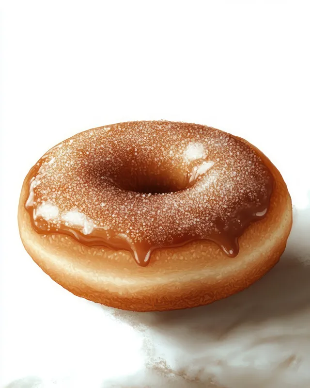 Close-up of a glazed donut covered with sugar crystals on a white background with glossy highlights.