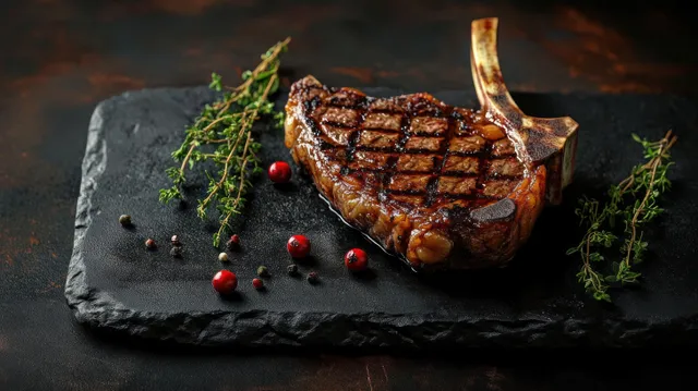 Grilled bone-in steak with thyme sprigs and peppercorns sits on a black stone plate.