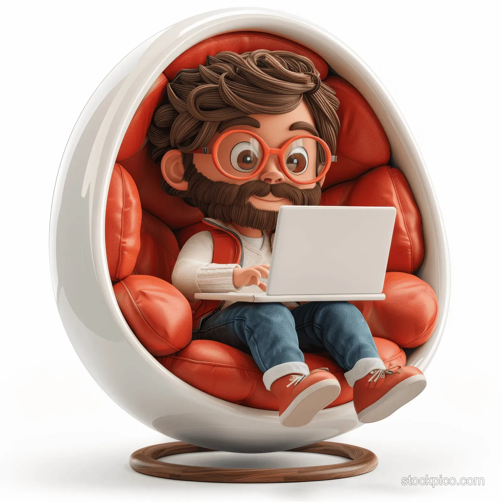 A happy 3D cartoon businessman reclines in a red egg chair using a laptop on a white background.