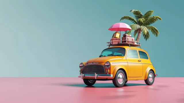 Retro yellow car stacked with flamingo float and palm mini accessories on pink-green backdrop