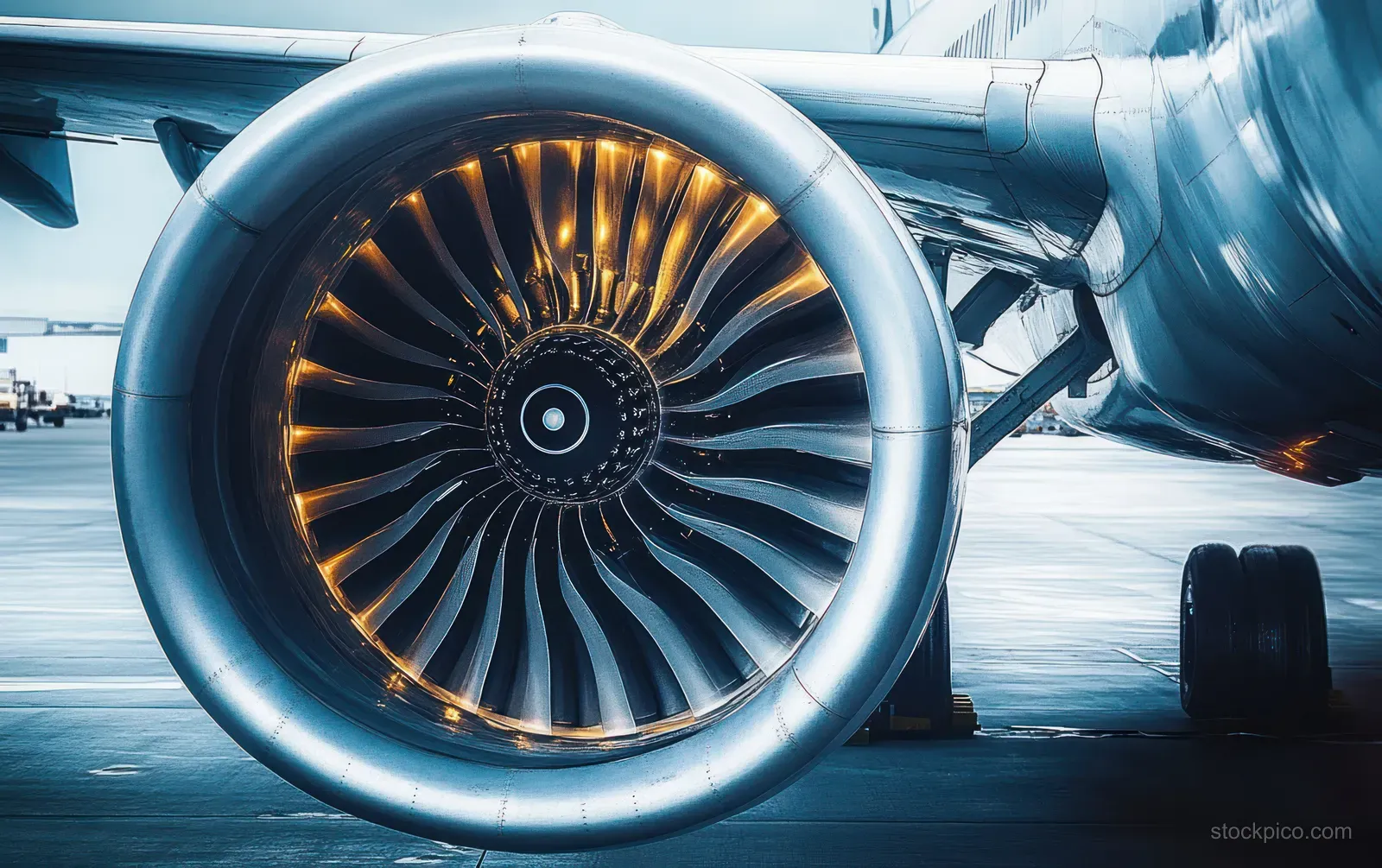 Jet engine turbine blades fill the frame with glowing metallic reflections in an airport terminal background.