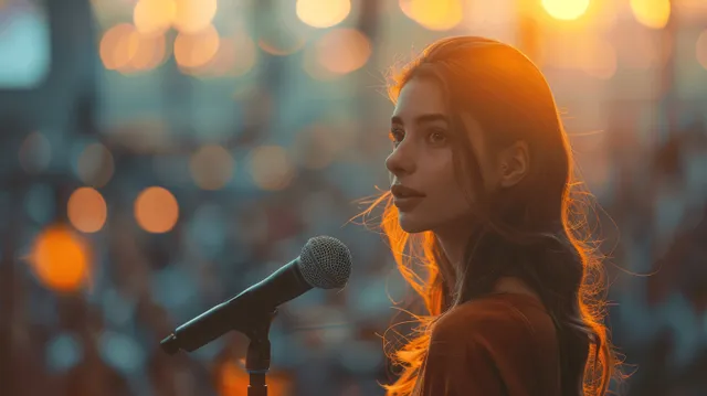 A female executive speaks into a microphone outdoors with warm city bokeh lights in the background.