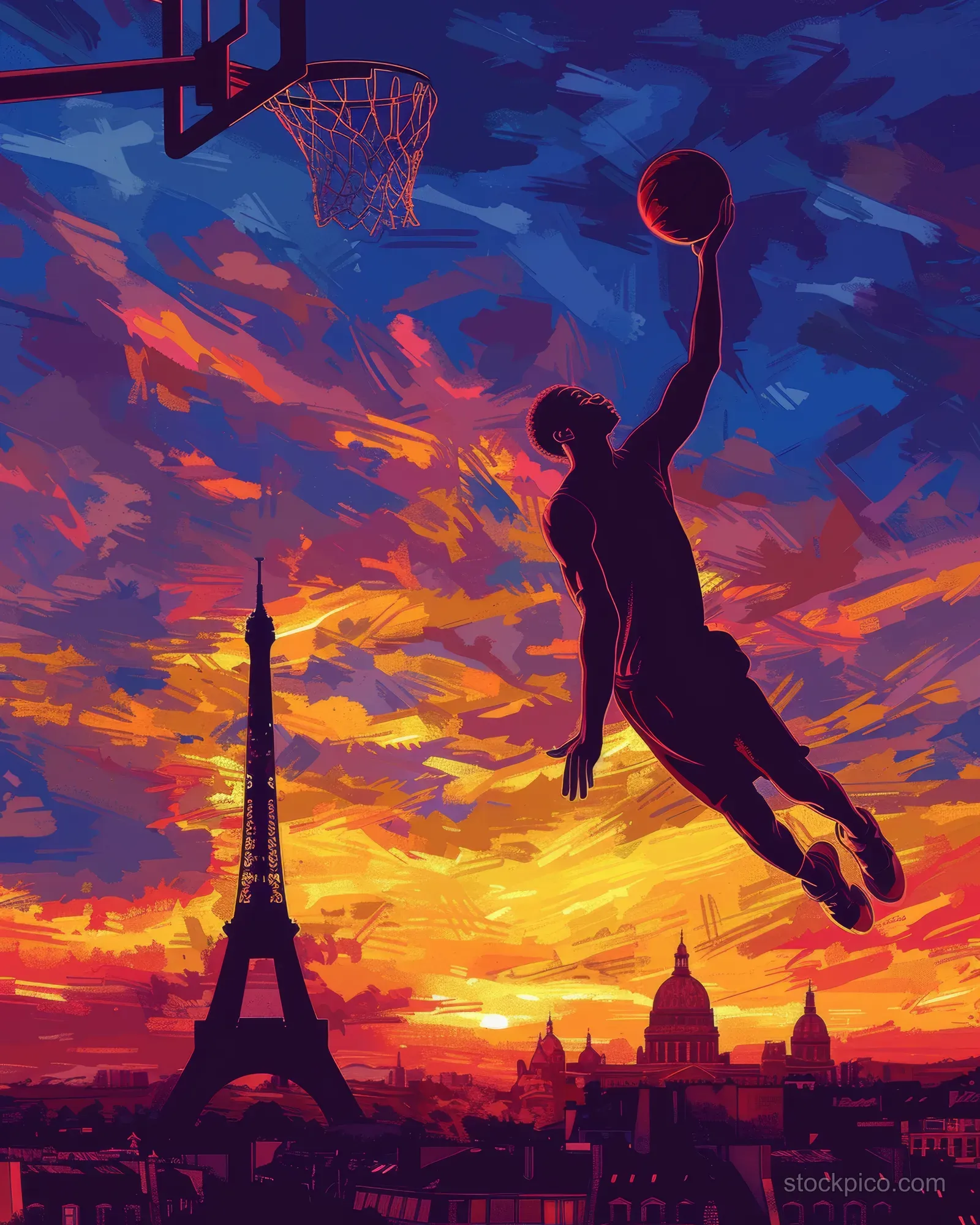 A silhouetted French basketball player dunks over the hoop above Paris landmarks at sunset.