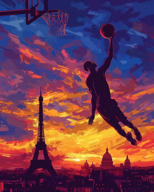 French basketball player makes a slam dunk against Eiffel Tower sunset skyline