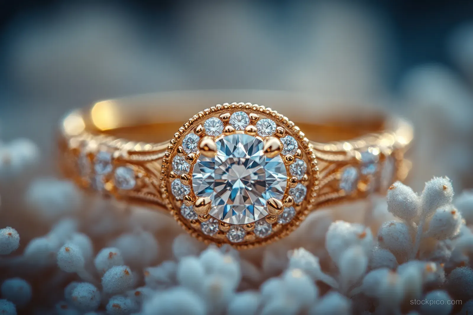 A gold diamond ring rests on soft white coral with a blurred background.