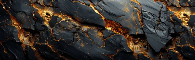 Black rock slab with jagged cracks and glowing gold veins spans a dark, cave-like background.
