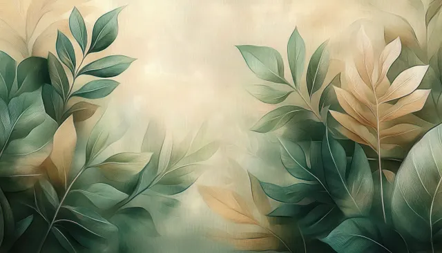 Pastel tropical leaves watercolor mural with soft foggy gradients and textured botanical layers