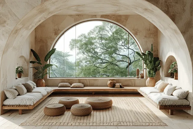 Beige sofas and wooden seating sit in a Japandi living room facing an arched window with a mountain view.