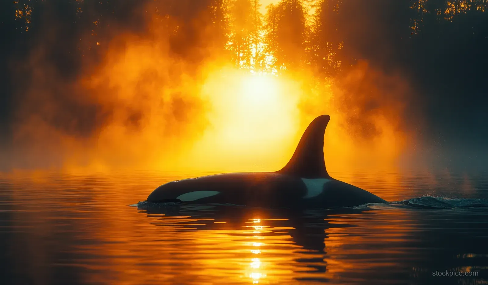 An orca swims in warm sunrise-lit ocean water with glowing reflections and painterly mist around it.