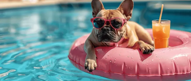 Funny French Bulldog lounging on a pink pool float with orange juice cocktail
