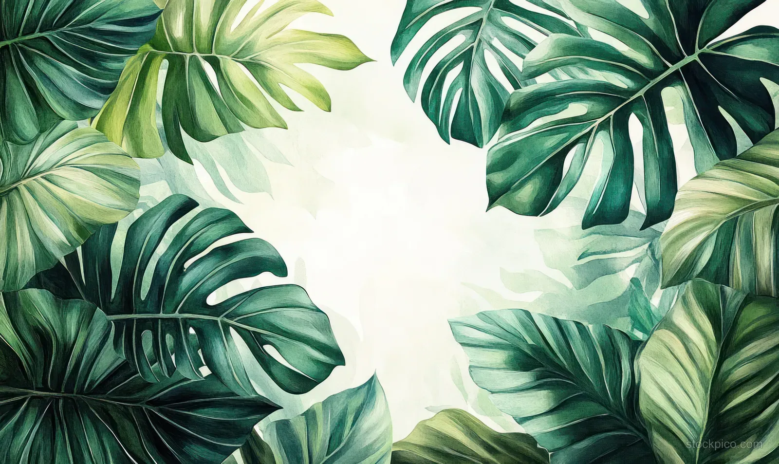 Layered watercolor tropical leaves in multiple shades of green frame a bright empty center background.