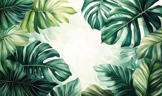 Layered watercolor tropical leaves in multiple shades of green frame a bright empty center background.