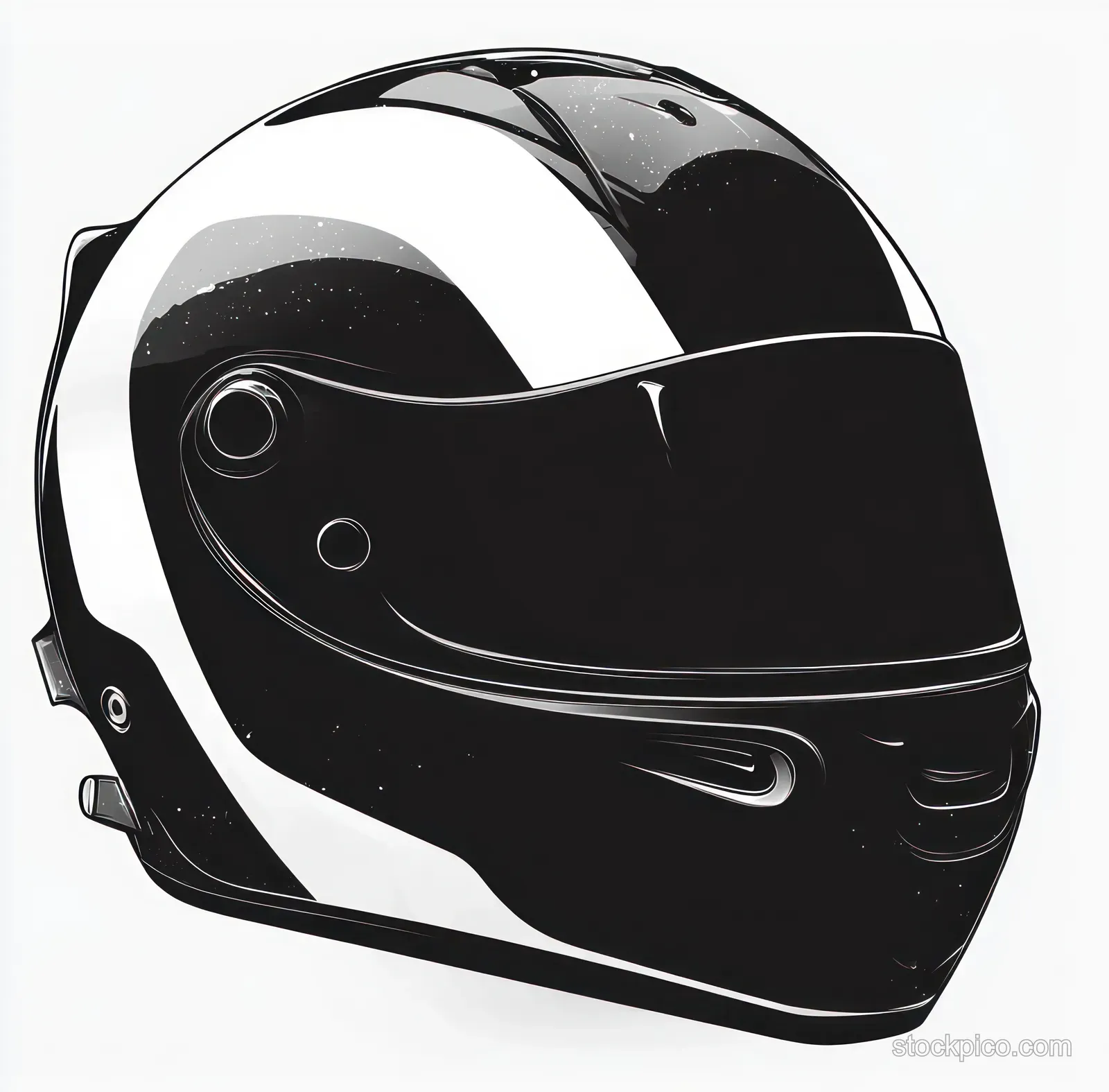 Black and white full-face motorcycle helmet with glossy visor and shield shown in close-up profile.