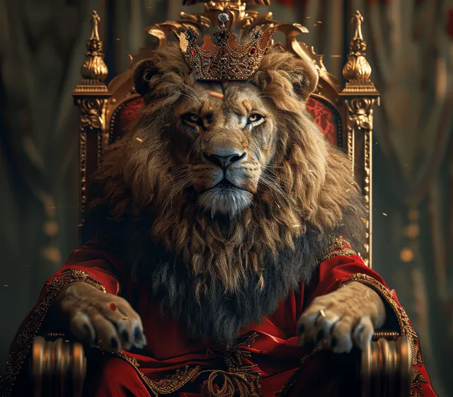 A crowned lion king in red robes sits on an ornate gold throne with a detailed mane and regal decorations.