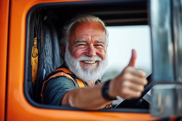 Smiling elderly man gives a thumbs up from the driver seat of an orange truck