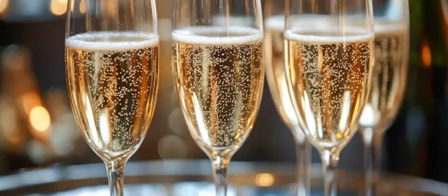Close-up of four champagne flutes with rising bubbles and warm golden reflections