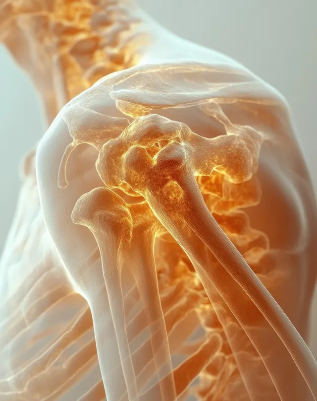 Glowing 3D X-ray style illustration of a human shoulder highlighting the clavicle, scapula, and inflamed joint area.