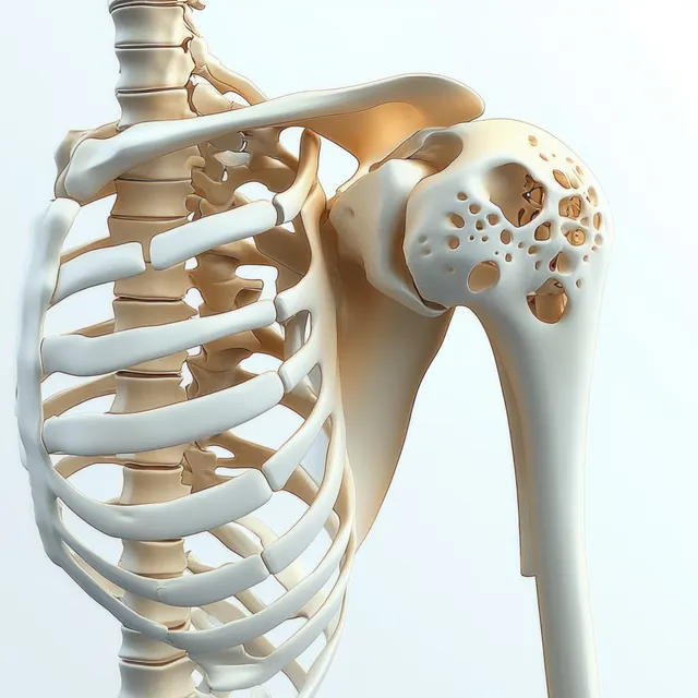 3D anatomical shoulder joint view with scapula and humerus bones and ligaments on a white background.
