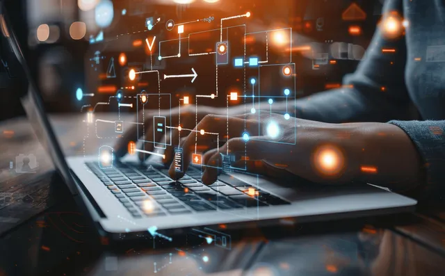 Businessman analyzing workflow automation with digital flowchart displayed on laptop screen