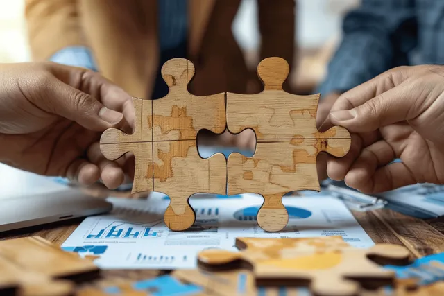 People’s hands fit wooden puzzle pieces together on a table with business documents in the background.