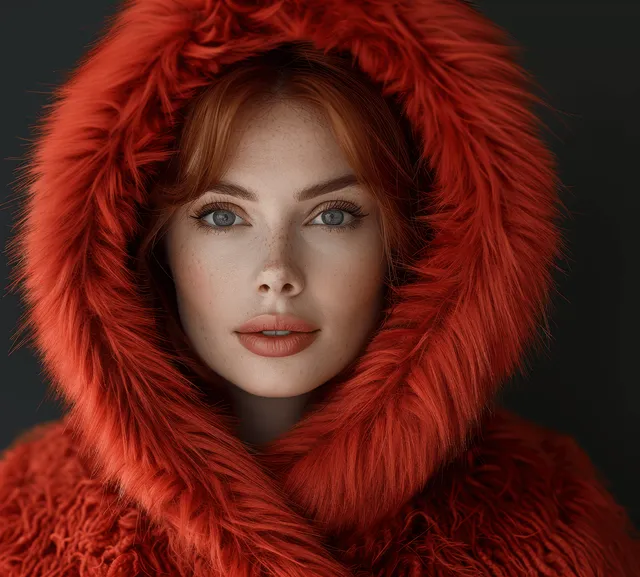 Close-up portrait of a young woman in a red fur hood with intense gaze