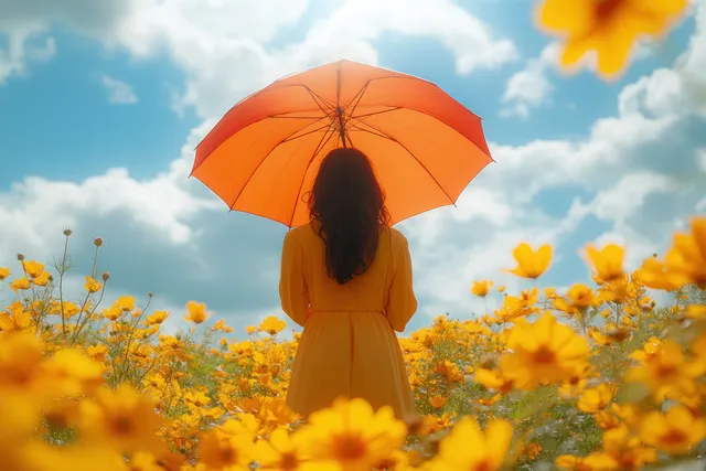 Woman with open yellow dress holding an orange umbrella among blooming yellow flowers
