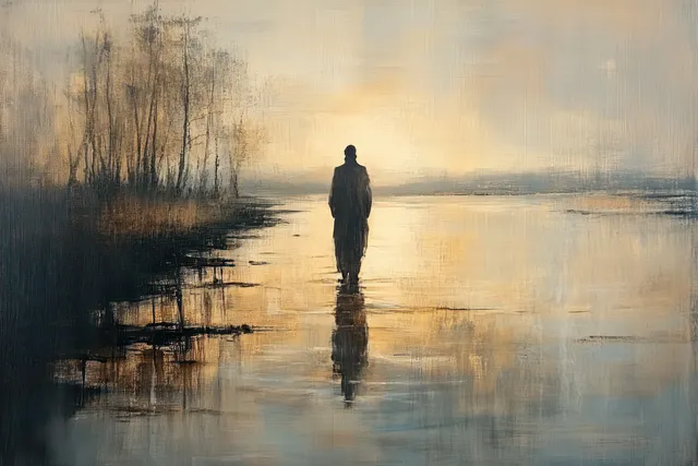 Jesus walking on water at dawn, solitary silhouette with shimmering reflections