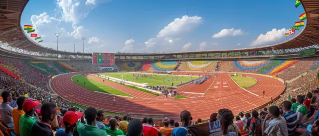 A crowded stadium watches runners compete on a colorful track.