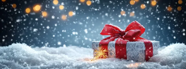 Magical Christmas gift box with red bow on snowy ground under warm golden glow