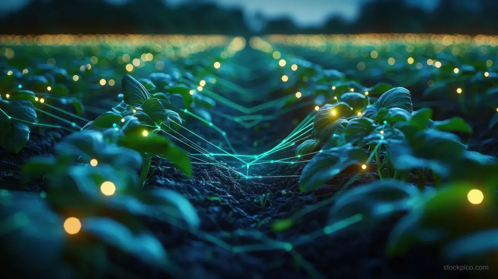 Green crop rows at dusk connected by glowing blue lines and small golden lights.