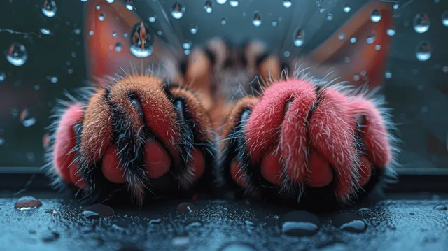 Furry red animal paws spread on a wet surface with water droplets clinging to the fur and paw pads.