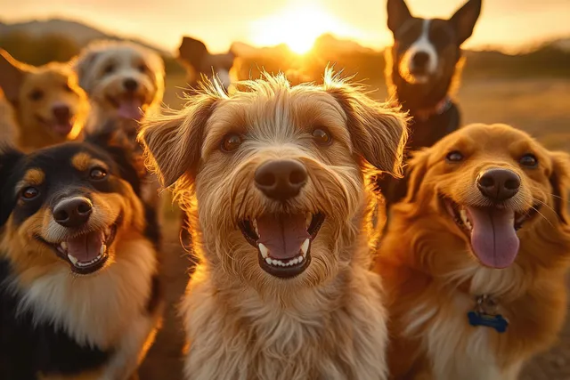A group of smiling dogs with tongues out in warm golden sunset light outdoors.